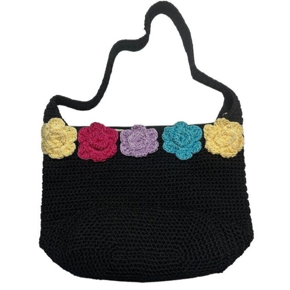 Lina Black Crochet Floral Applique Shoulder Bag Butterfly Lining Boho Purse